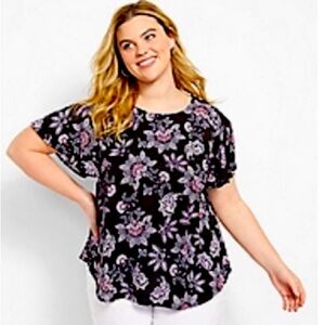Lane Bryant classic crew neck short sleeve top, black paisley, size 34/36.